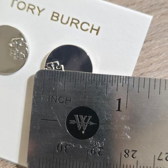 NEW Tory Burch Serif Stripe Disc Stud Earrings Silver Double T Logo - Picture 5 of 5